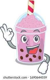 Diseño de mascota de té Taro burbuja con un dedo gesto OK