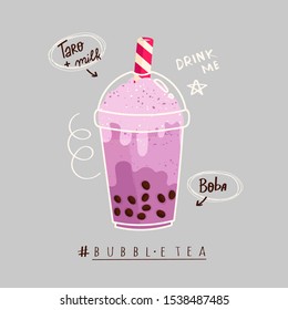 Taro Bubble tea. Milk tea with tapioca pearls. Boba tea. Asian Taiwanese drink. Hand drawn colored trendy vector illustration with text. Cartoon style. Flat design. Beverage recipe