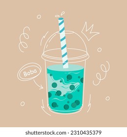 Taro Bubble tea. Milk tea with tapioca pearls. Boba tea. Asian Taiwanese drink. Hand drawn colored trendy vector illustration with text. Cartoon style. Flat design. Beverage recipe. 