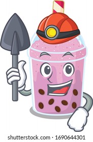 Taro bubble tea miner cartoon design concept with tool and helmet