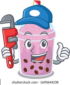 Taro bubble tea Smart Plumber cartoon character design with tool