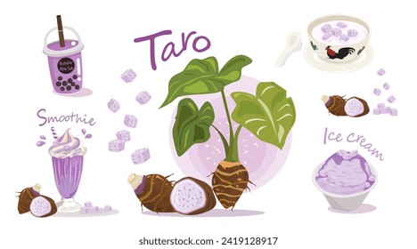 Taro Delights: Bubble Tea, Smoothie, and Ice Cream Vector Illustration Set isolated flat EPS file for design