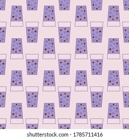 Taro flavoured purple bubble tea seamless vector pattern. Cute drink themed surface print design for fabrics, textiles, stationery, scrapbook paper, packaging, and gift wrap..