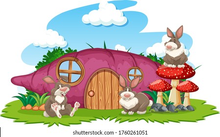 Taro house with three rabbit cartoon style on white background illustration