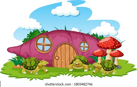 Taro house with three turtle cartoon style on white background illustration