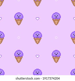 Taro ice cream pixel art seamless pattern. Purple cone ice cream and hearts on violet background. Retro gaming style for paper, web and social media design, fabric and more. 8 bit vector icon of taro.
