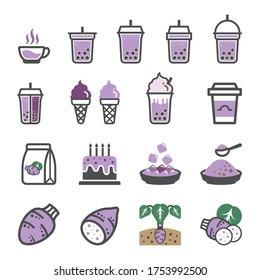 Taro icon set, Pearl milk tea, Bubble Milk Tea icons set.