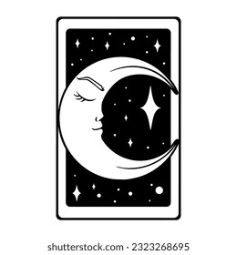 Tarot aesthetic card with crescent moon. Bohemian tarot design for oracle card covers. Vector illustration isolated in white background