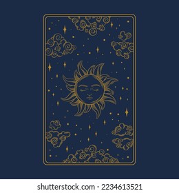 Tarot aesthetic card with sun. Occult tarot design for oracle card covers. Vector illustration isolated in blue background