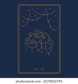 Tarot aesthetic golden card with cloud. Occult tarot design for oracle card covers. Vector illustration isolated in blue background