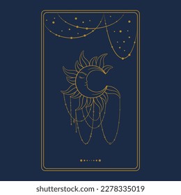 Tarot aesthetic golden card with crescent moon. Occult tarot design for oracle card covers. Vector illustration isolated in blue background