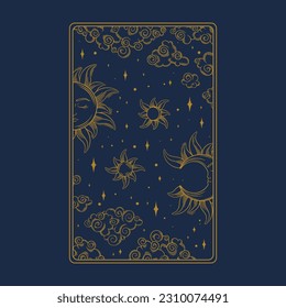 Tarot aesthetic golden card. Decorative tarot pattern for oracle card covers. Vector illustration isolated in blue background