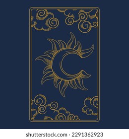 Tarot aesthetic golden card. Mystery tarot design for oracle card covers. Vector illustration isolated in blue background