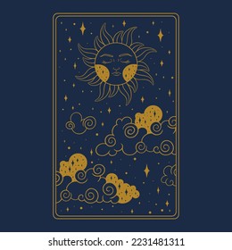 Tarot aesthetic golden card. Occult tarot design for oracle card covers. Vector illustration isolated in blue background