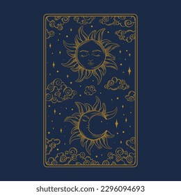 Tarot aesthetic golden card. Occult tarot design for oracle card covers. Vector illustration isolated in blue background