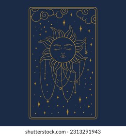 Tarot aesthetic golden card. Outline tarot design for oracle card covers. Vector illustration isolated in blue background