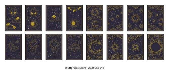 Tarot aesthetic golden card set. Heavenly tarot designs for oracle card covers. Vector illustration isolated in blue background