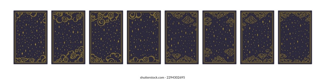 Tarot ästhetische goldene Karte. Started Tarot Design für Orakelkartendeckel. Vektorgrafik einzeln auf blauem Hintergrund