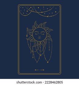 Tarot aesthetic golden card with sun symbol. Occult tarot design for oracle card covers. Vector illustration isolated in blue background