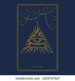 Tarjeta dorada estética tarot con tercer ojo. Diseño de tarot oculto para las cubiertas de las tarjetas oracle. Ilustración del vector aislada en fondo azul