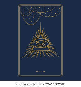 Tarot aesthetic golden card with the third eye. Engraved tarot design for oracle card covers. Vector illustration isolated in blue background