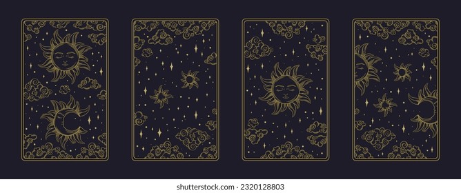 Tarot ästhetische goldene Karten. Spirituelle Tarot-Designs für die Rückseite von Karten. Vektorgrafik einzeln auf dunklem Hintergrund