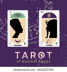 Tarot del antiguo Egipto. Diseño de camisetas de las tarjetas llamadas The Empress y The Emperor.