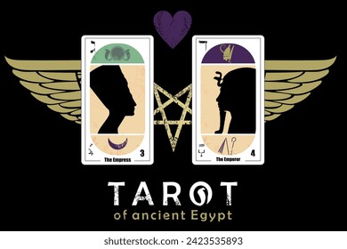 Tarot of ancient Egypt. T-shirt design of the cards called The Empress and The Emperor along with a star, wings and a heart