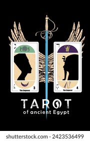 Tarot of ancient Egypt. T-shirt design of a winged sword and two tarot cards called The Empress and The Emperor isolated on black