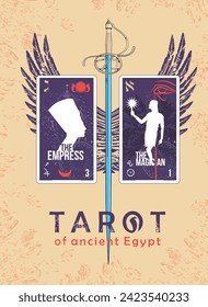 Tarot of ancient Egypt. T-shirt design of a winged sword and two cards called The Empress and The Magician on a sandy background.