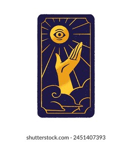 Tarot arcana with gold hand, esoteric eye in sun. Card with dark back and golden spiritual symbols for divination. Clairvoyance, astrology, fortune telling concept. Flat isolated vector illustration