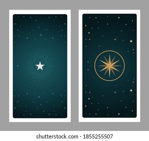 Tarot back card on background of starry night sky and frame with stars