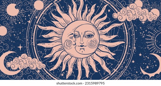 Tarot banner, zodiac sign template, sun and moon with face on blue background with stars, mystical vintage hand drawn illustration. Vector magical heavenly print.