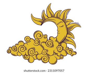 Tarot boho sun behind cloud. Tarot sun with face and closed eyes. Vector illustration isolated on white backround