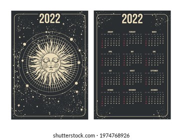 Tarot calendar 2022, sun with face in astrological boho design. Week starts on Sunday. Vertical two-sided calendar design template.