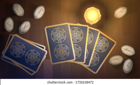 Tarot, candle and runes on the fortuneteller's table, prediction of the future and dark magic