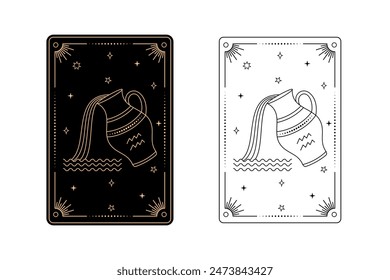 Tarot card with aquarius zodiac style. Simple line art style.