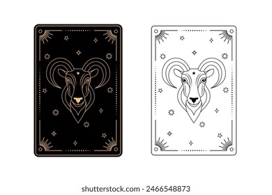 Tarot card with aries zodiac style. Simple line art style.