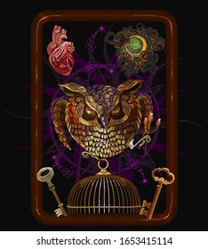 Tarot card art. Mystic owl, key, moon, jaula dorada y corazón anatómico. Estilo alquimista. Concepto oculto y esotérico. Ilustración mágica negra. Plantilla gótica oscura para ropa, textiles, diseño de pantalones t