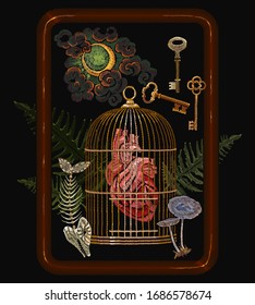 Tarot card art. Vintage key, fish bone, moon, golden cage and anatomical heart. Dark gothic template for clothes, textile. Alchemy style. Occult and esoteric concept. Black magic illustration 