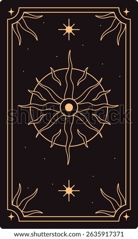 Tarot card back design. Abstract black and gold line art sun, star. Esoteric background with golden celestial symbols, cosmic mystic solar rays in sacred linear style. Flat vector illustration