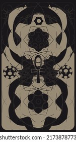 Tarot card back design. Ankh, Coptic cross, astrological symbols. Reverse side