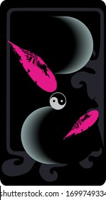 Tarot card back design. Two Moon and meteorites, Yin Yang Symbol