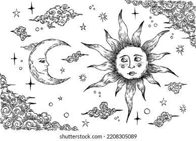 Tarot card back side moon and sun black and white