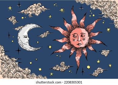 Tarot card back side moon and sun colorful 