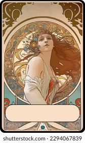 Tarot card back vector of a red haired art nouveau woman, blank space for copy