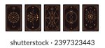 Tarot card backgrounds, back reverse side designs set. Magic esoteric ancient symbols. Mystic occult sacred celestial sun, star, moon. Flat graphic vector illustration isolated on white background.