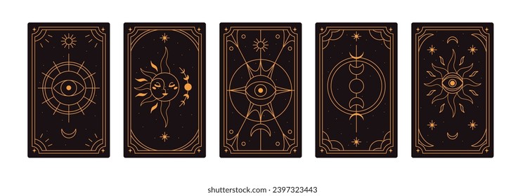 Tarot card backgrounds, back reverse side designs set. Magic esoteric ancient symbols. Mystic occult sacred celestial sun, star, moon. Flat graphic vector illustration isolated on white background.