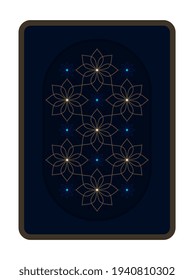 Tarot card backside template mystycal floral motif sacred geometry pattern. Abstract outline golden flowers, mystery royal blue background, poker size, simple geometrical design, digital illustration.