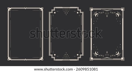 Tarot card border templates. Celestial esoteric decorative frames with space elements. Vector illustration